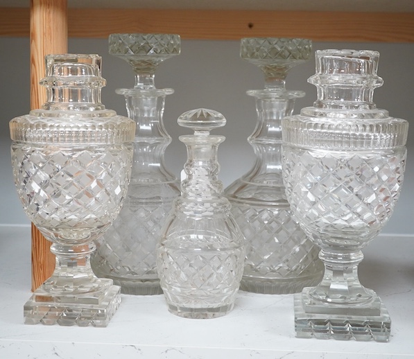 Voneche cut glass - a pair of large decanters, a pair of lidded urns and another decanter, 30cm. Condition- fair to good, several minor chips